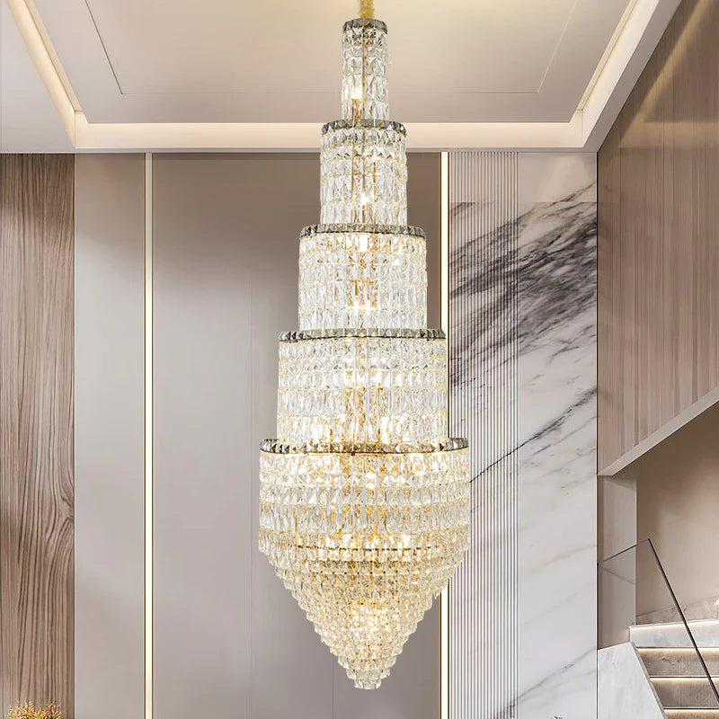 Afralia™ Crystal Hollow Long Chandelier: Elegant Duplex Villa Hall Lighting