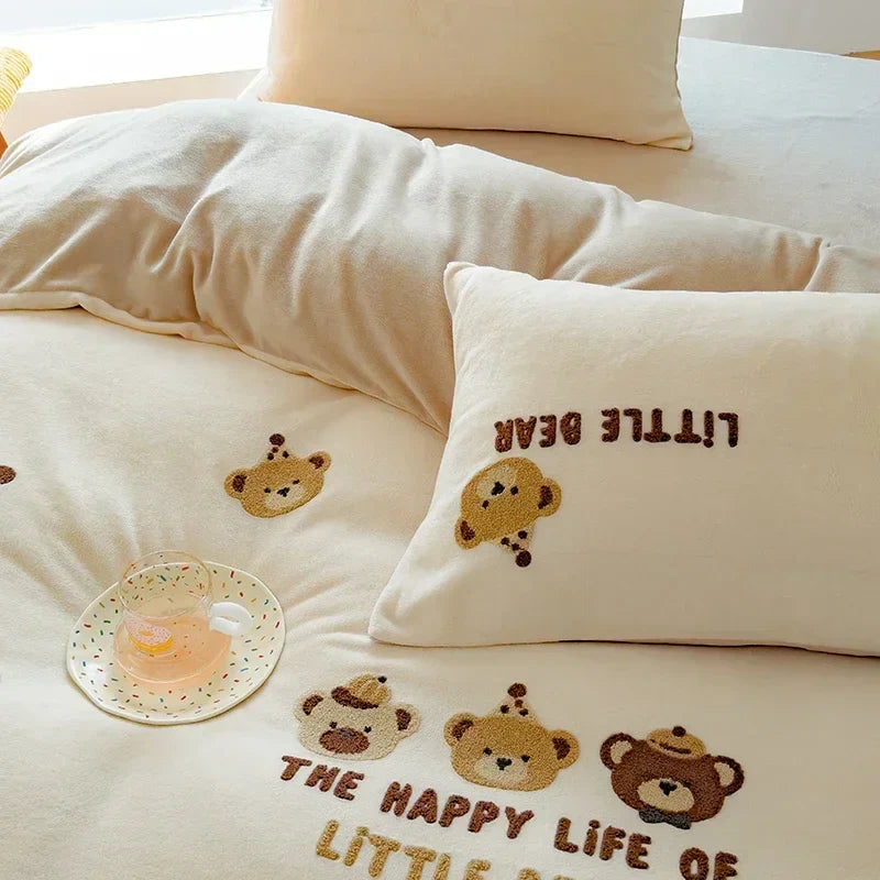 Afralia™ Embroidered Fleece Winter Bedding Set: Duvet Cover, Sheet, Quilt, Pillowcases