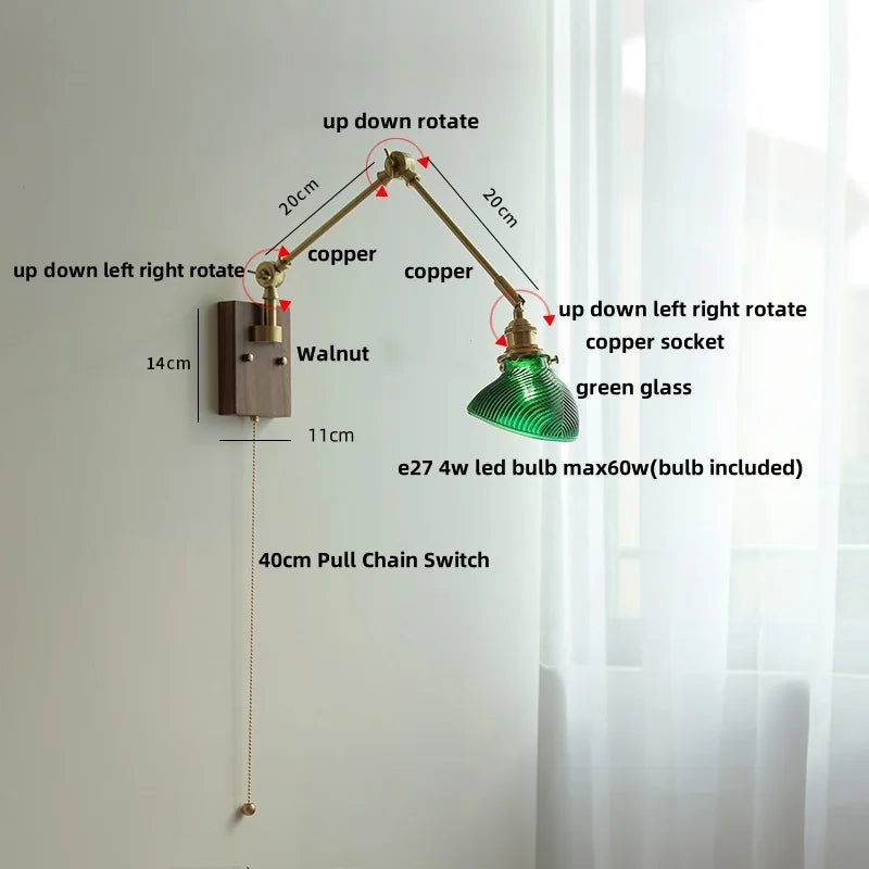 Afralia™ Nordic Green LED Wall Sconce with Swing Arm, Wood Base and Pull Chain Switch
