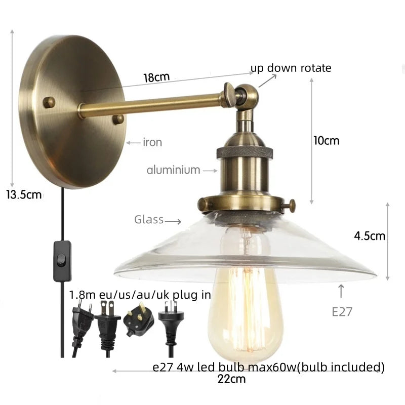 Afralia™ Vintage Industrial LED Wall Lamp with Clear Glass Shade
