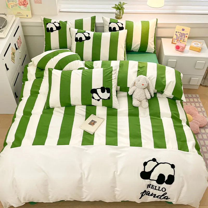 Afralia™ Cat Embroidery Stripes Bedding Set - Single Queen Size Bedclothes