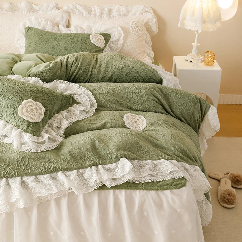 Afralia™ Luxe Carved Velvet Lace Ruffles Bedding Set with Quilted Bed Skirt