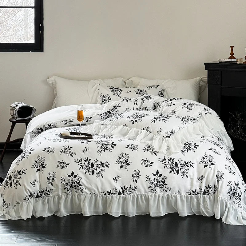 Afralia™ Lace Ruffles Princess Cotton Bedding Set, Floral Quilt Cover, Girls Wedding Home Textiles