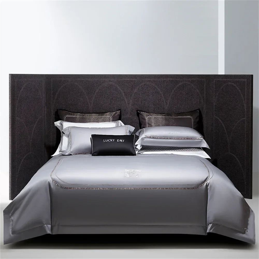 Afralia™ Cotton Satin Jacquard Embroidery Bedding Set with Elastic Sheet & Duvet Cover
