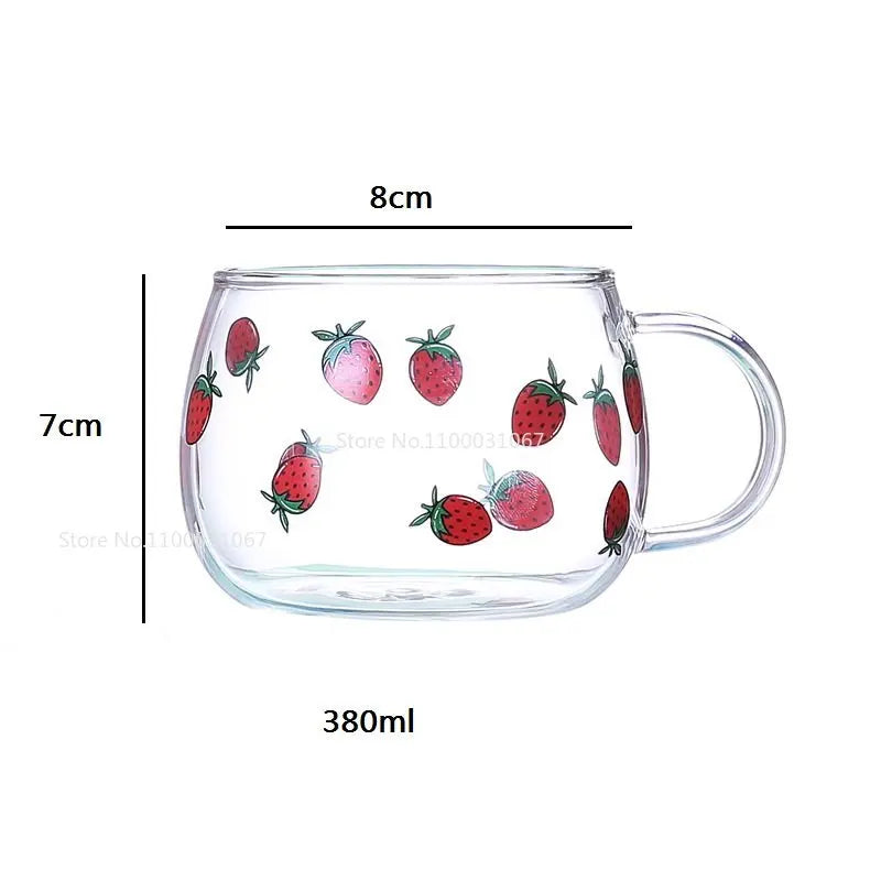 Afralia™ Cute Letter Glass Mug, 380ml: Strawberry Tea Coffee Cup, Breakfast Milk Drinkware