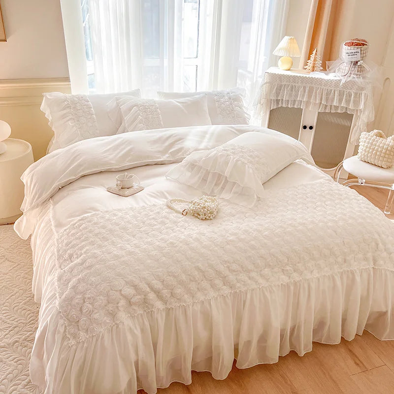 Afralia™ Rose Flowers Embroidery Princess Bedding Set - Pure Cotton, Lace Ruffles