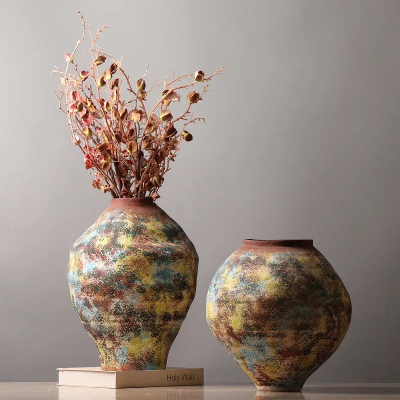 Afralia™ Retro Colorful Graffiti Ceramic Vase - Home Decor Handicrafts Bouquet Holder