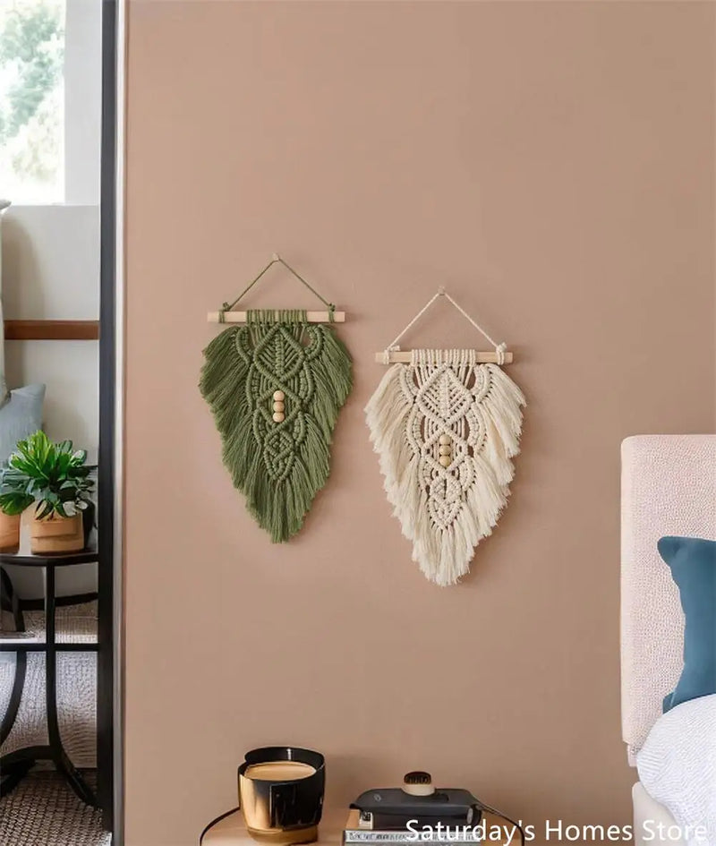 Afralia™ Handmade Macrame Leaf Hanging Tapestry Wall Decoration Mini Tapestry with Wood Stick