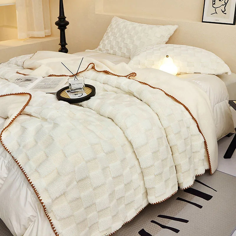 Afralia™ Luxury Teddy Rabbit Checkered Blanket: Double-Sided Velvet Sofa Cover