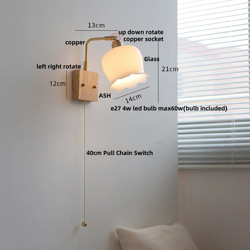 Afralia™ Ash Wood LED Wall Light Fixture with Pull Chain Switch, Modern Nordic Design
