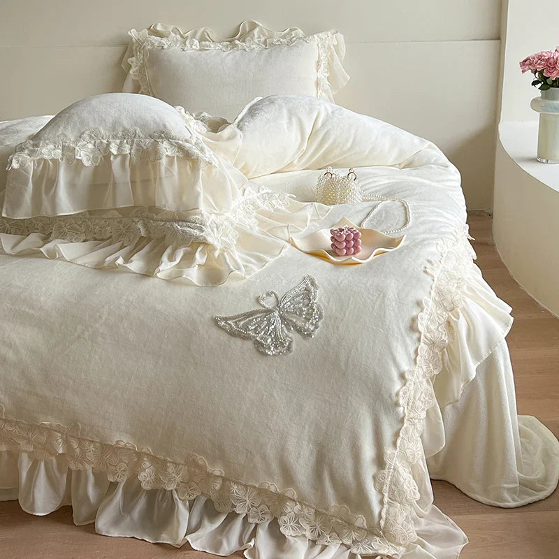 Afralia™ Velvet Fleece Bedding Set with Butterfly Embroidery and French Hollow Lace