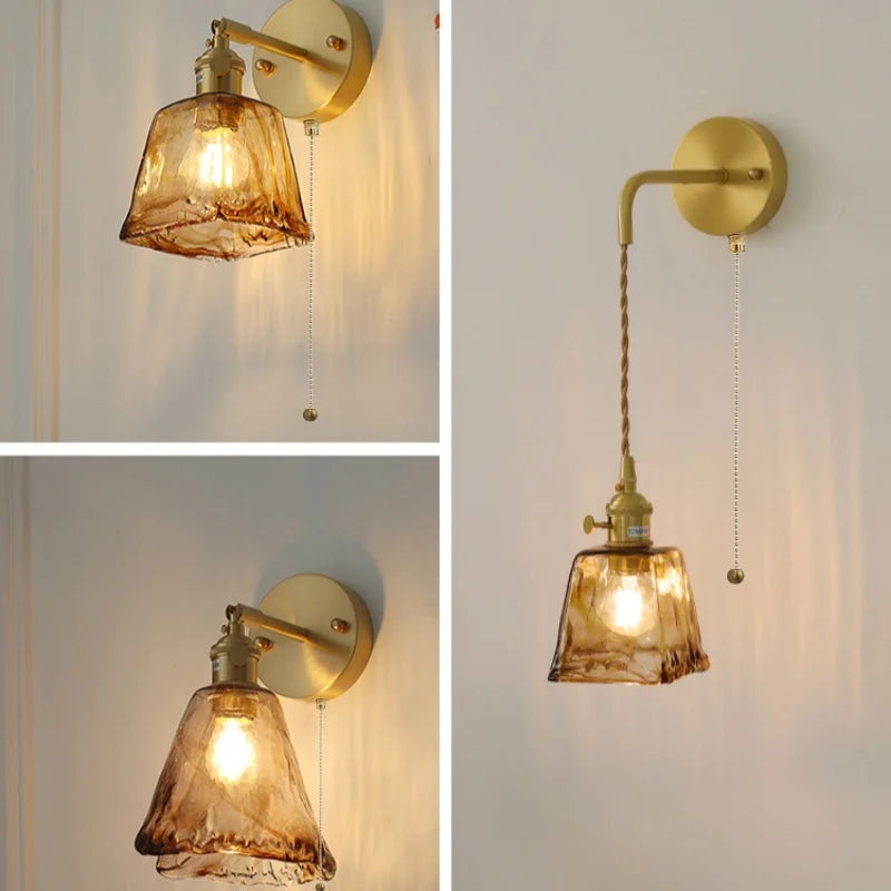 Afralia™ Amber Vintage LED Wall Light Fixture Up Down Rotate Pull Chain Switch