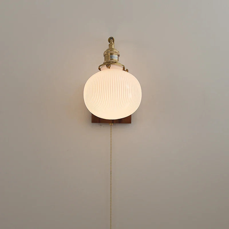 Afralia™ Globe Ceramic Walnut Wood Wall Light with Pull Chain Switch and Rotatable Design