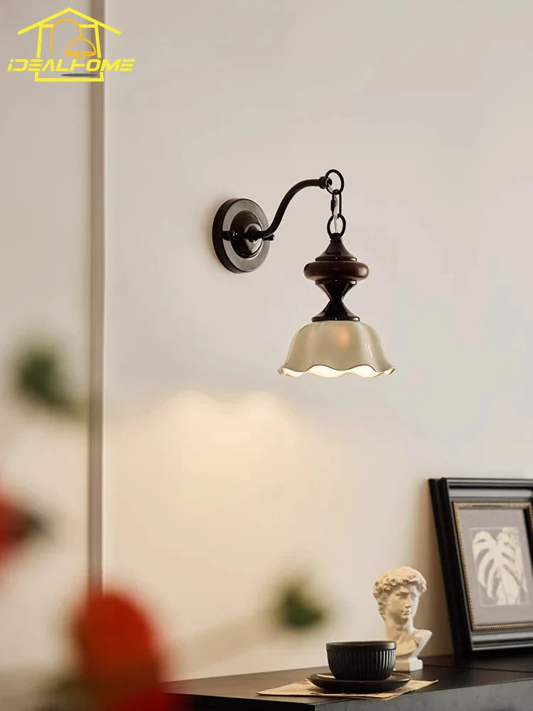 Afralia™ Medieval Vintage Ceramic Wall Lamp LED E27 Chrome/Walnut for Bedroom & Living Room
