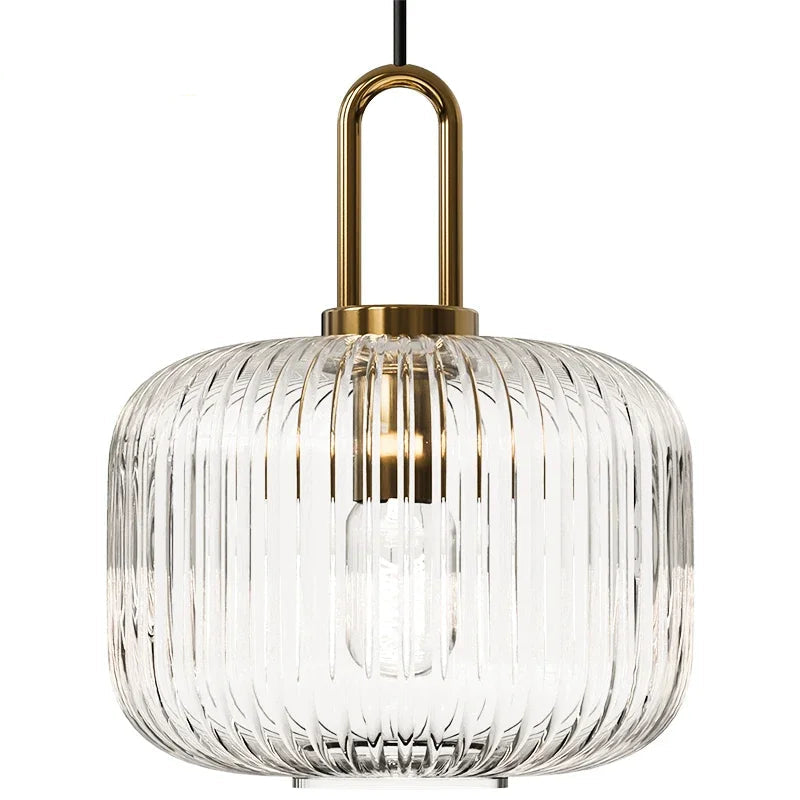 Glass pendant light with gold fixture on a white background, featuring No.7 Lighting logo.