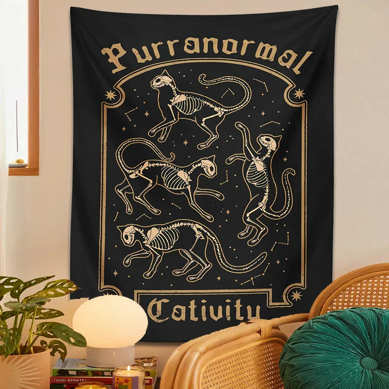 Afralia™ Mysterious Cat Skull Tarot Baphomet Occult Witch Cat Tapestry Wall Hanging