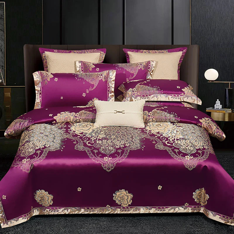 Afralia™ Luxe Purple European Jacquard Cotton Bedding Set: Duvet Cover, Sheet, Pillowcase