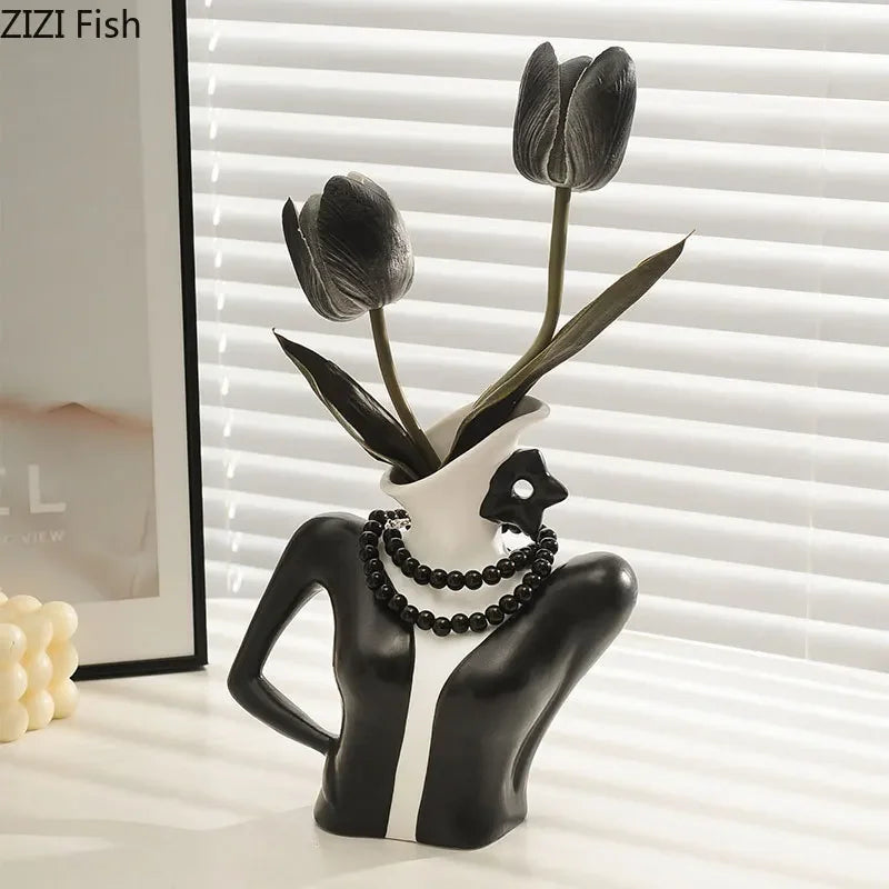 Afralia™ Elegant Dames Ceramic Vase Figure Flower Pot Desk Decoration Room Decor