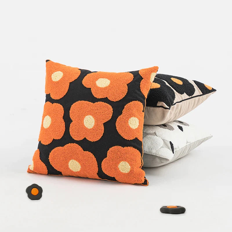 Afralia™ Poppy Floral Embroidered Cushion Cover Blue Orange 45x45cm Home Decor