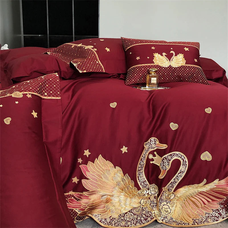 Afralia™ Gold Swan Love Wedding Bedding Set, Egyptian Cotton, 1000TC, 4 or 6Pcs
