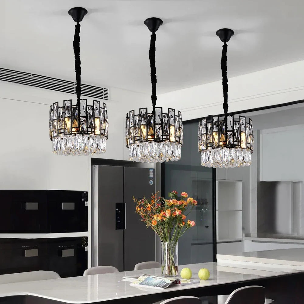 Afralia™ Crystal LED Chandeliers Black Round Pendant Light for Living Room Dining Indoor Kitchen Bedroom
