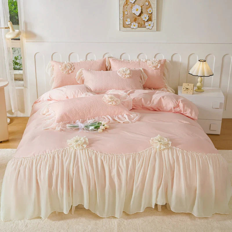 Afralia™ Princess Style Cotton Bedding Set with Flowers, Lace Ruffles, and Quilted Details