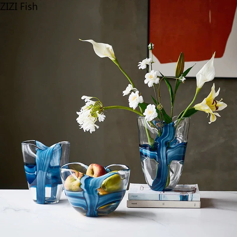 Afralia™ Blue Striped Glass Vase for Plant Arrangement and Room Decor