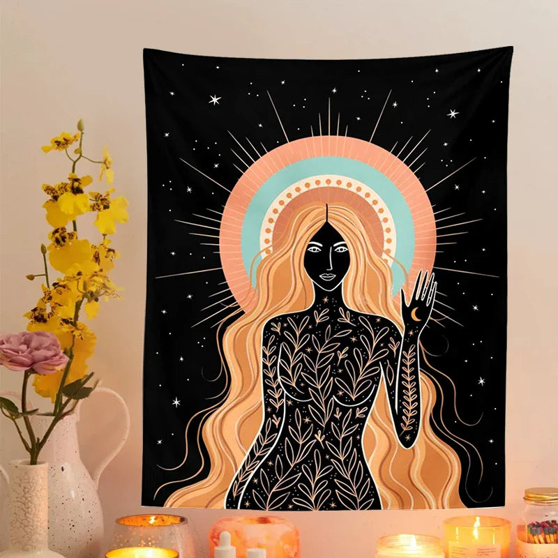 Moon Phase Girl Tapestry Wall Hanging Boho decor Afralia™ Witchcraft Tapestries Bedroom Girl's room