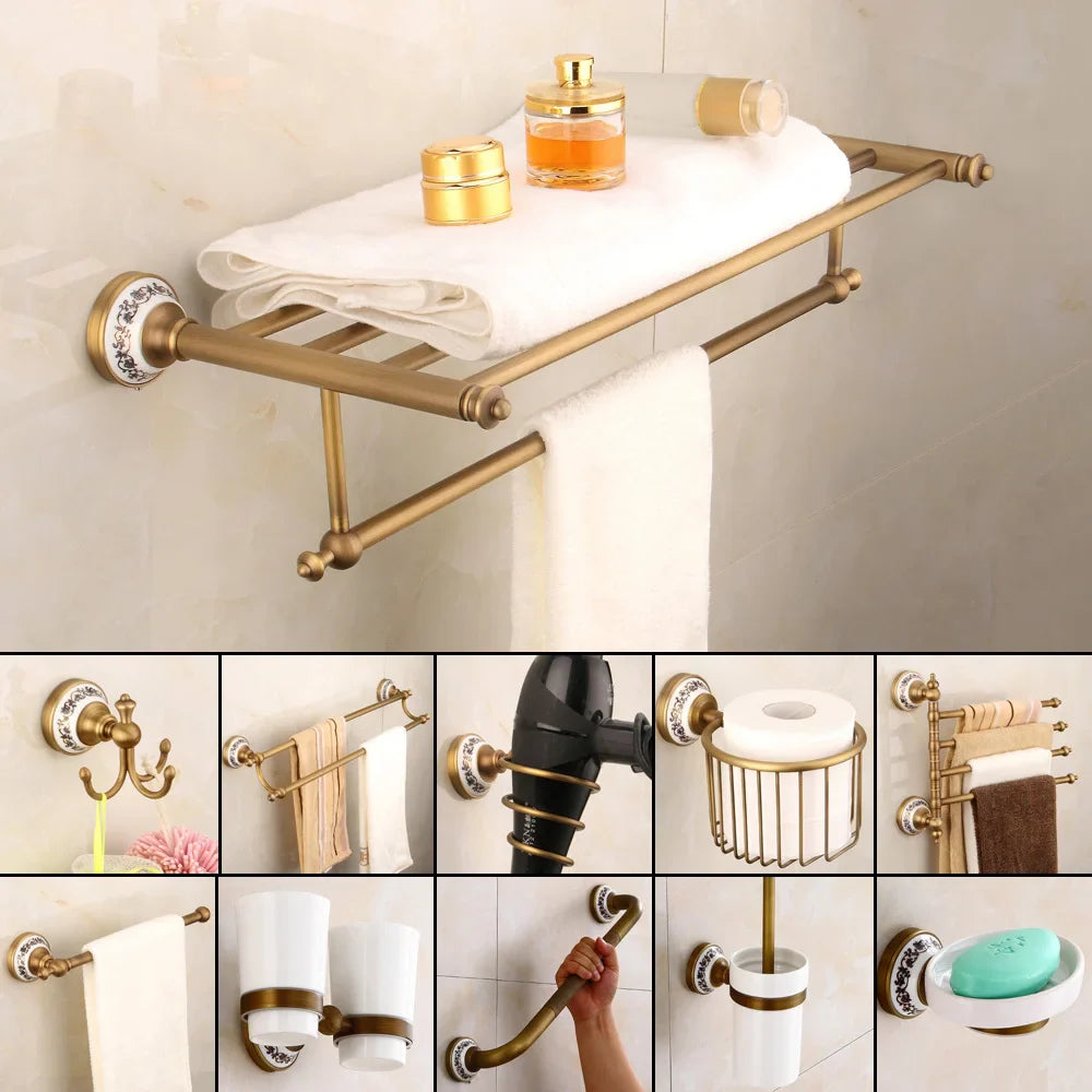 Afralia™ Bronze Bathroom Hardware Set - Shelf, Towel Rack, Toilet Brush Holder, Soap Dish