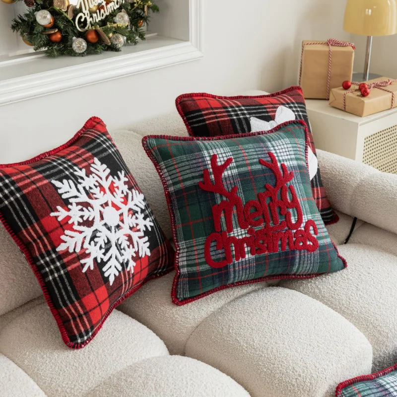 Afralia™ Plaid Christmas Embroidery Cushion Cover - Festive Home Decor