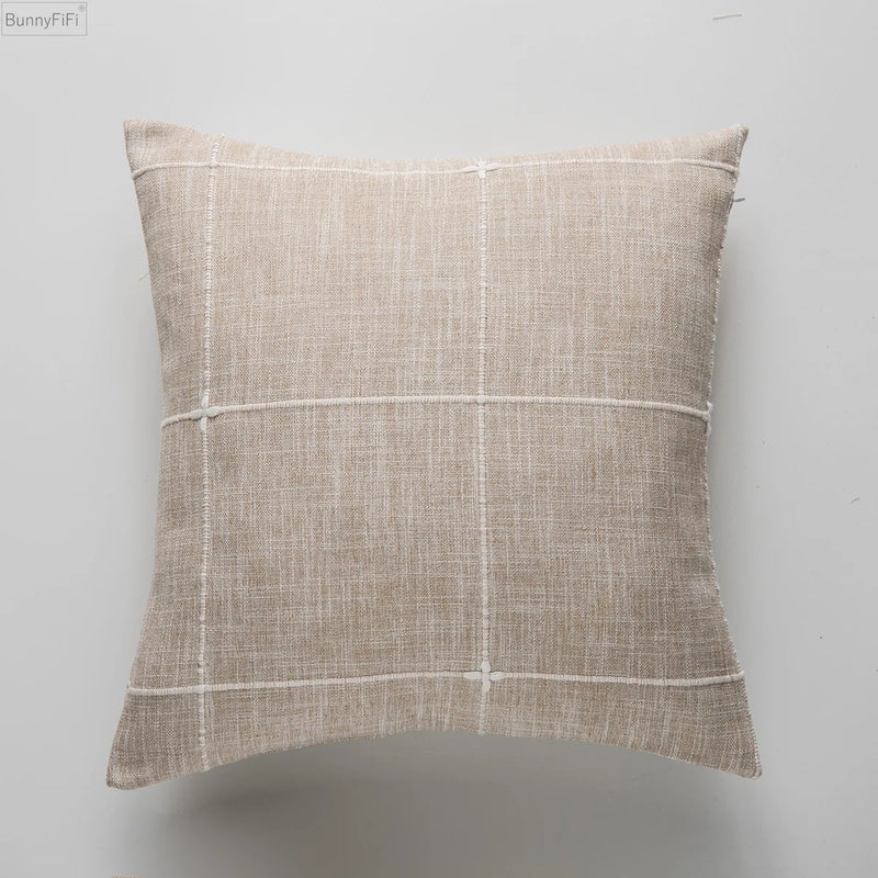 Afralia™ Brown Grey Stripe Embroidery Cushion Cover Set, Cotton Linen, 45x45cm 60x60cm Home Decor