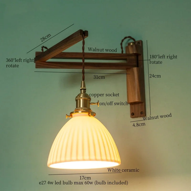 Afralia™ Ceramic LED Wall Sconce Walnut Wood Copper Pull Chain Switch Light