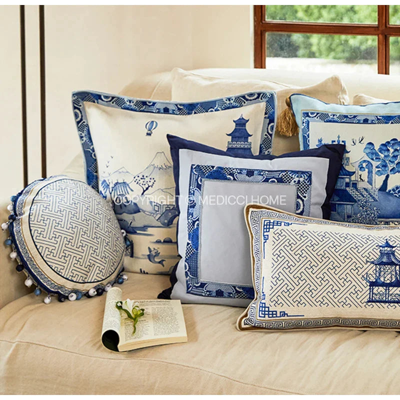 Afralia™ Blue Chinoiserie Home Pagoda Bolster Pillowcase 30x65 Luxury Cushion Cover