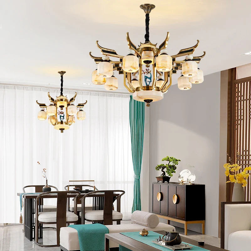 Afralia™ All Copper Jade Chandelier for Villa Living Room, Dining Room - Chinese Style Duplex Copper Lamp