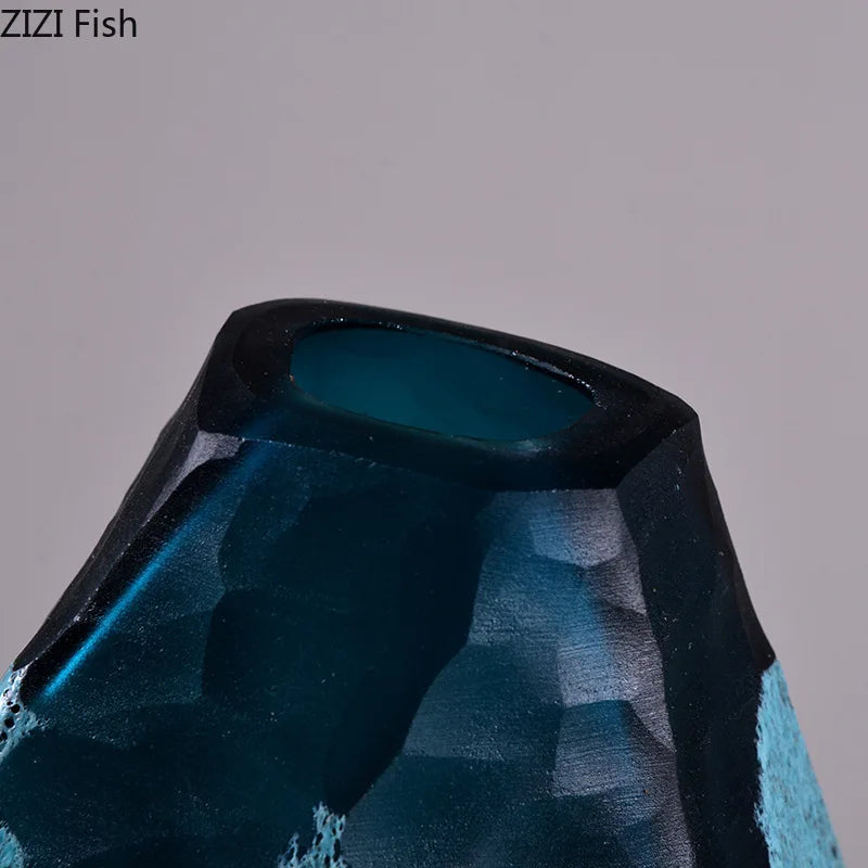 Afralia™ Modern Blue Glass Vase Geometric Texture Desk Decor Flowers Arrangement