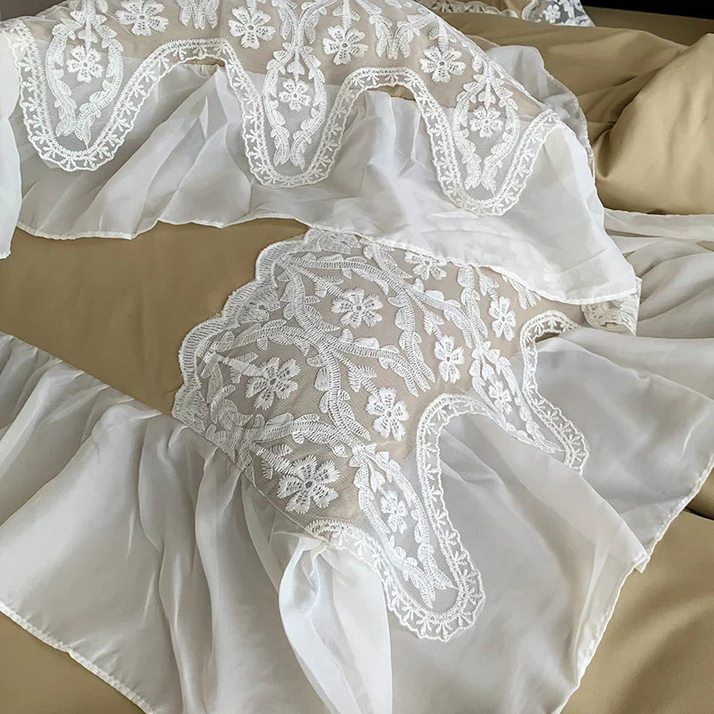 Afralia™ Romance Lace Ruffles Bedding Set 4Pcs, 200x230cm, Princess Wedding Theme