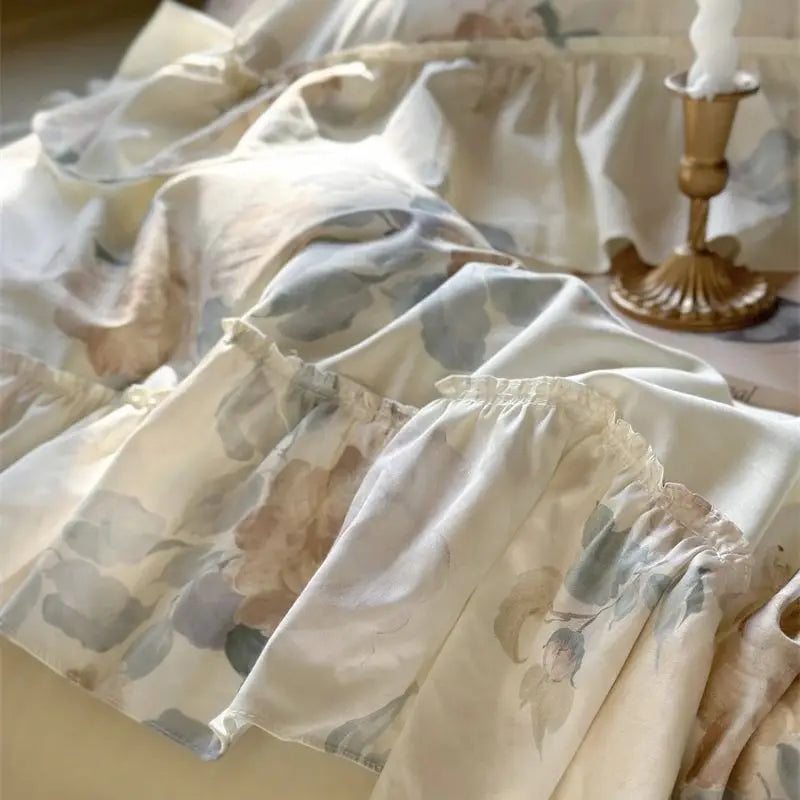 Afralia™ French Rose Flowers Print Bedding Set, Elegant Ruffles Princess Collection