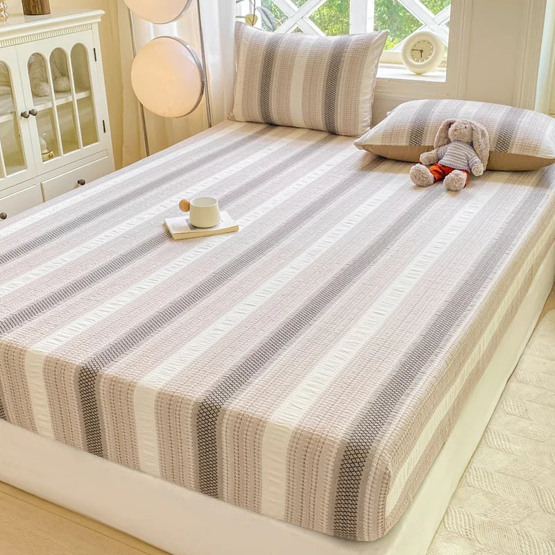 Afralia™ Cotton Jacquard Fitted Sheet Set with 2 Pillowcases, Dustproof & Anti-Slip