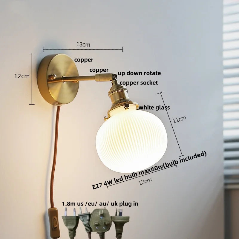 Afralia™ White Glass LED Wall Light | Modern Rotate Plug-In Sconce Lampara De Pared