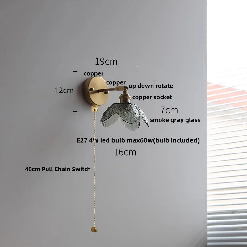 Afralia™ Tiffany Blue Glass LED Wall Sconce Rotate Copper Pull Chain Switch Light