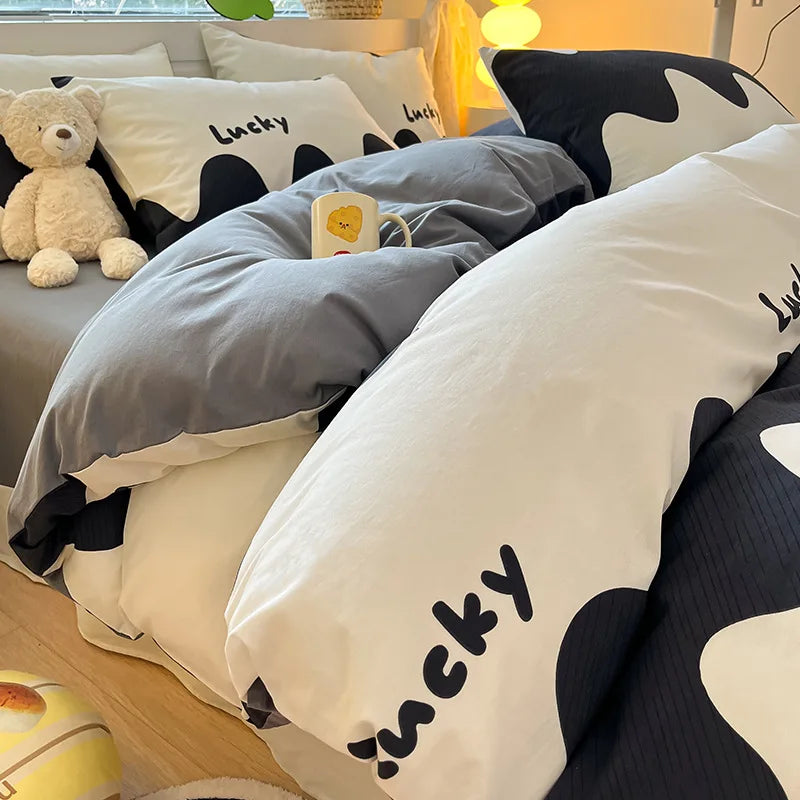 Afralia™ Pure Cotton Striped Bedding Set Duvet Cover Fitted Sheet Kit for Single/Double