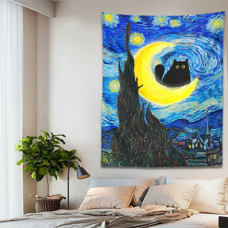 Afralia™ Starry Night Cat Tapestry Moon Cat Art Blanket Wall Hanging