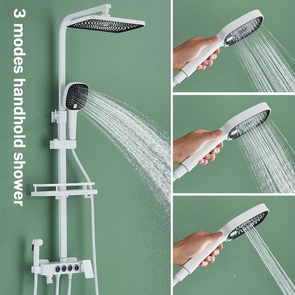 Afralia™ Thermostatic Shower Faucet Set Grey 4 Ways Rainfall Bath Mixer Tap with Tub Spout