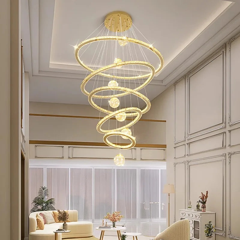 Afralia™ Crystal Chandelier Stair Pendant Lamp Living Room Interior Lighting