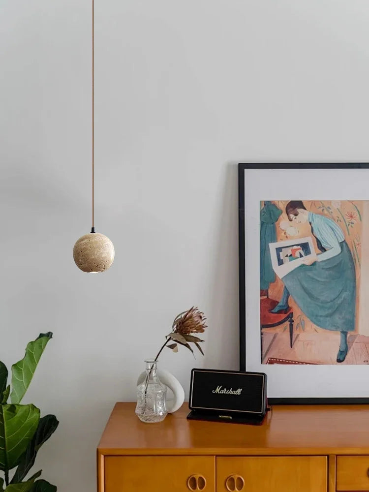 Afralia™ Small Round LED Pendant Stone Yellow Travertine Chandelier - Minimalism Hanging Line Lighting