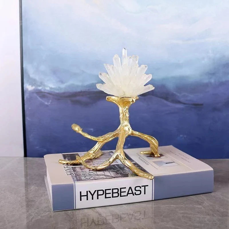 Afralia™ Crystal Stone Golden Bird Metal Tree Sculpture Room Decoration