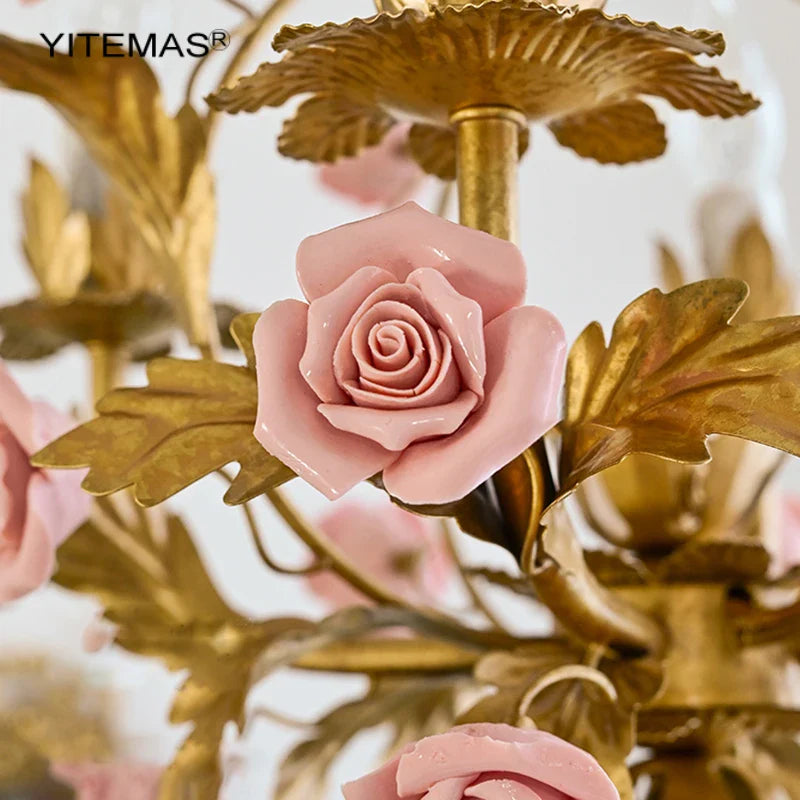 Afralia™ Pink Ceramic Flower Chandelier: Luxury Gold Princess Chandelier for Girls' Room