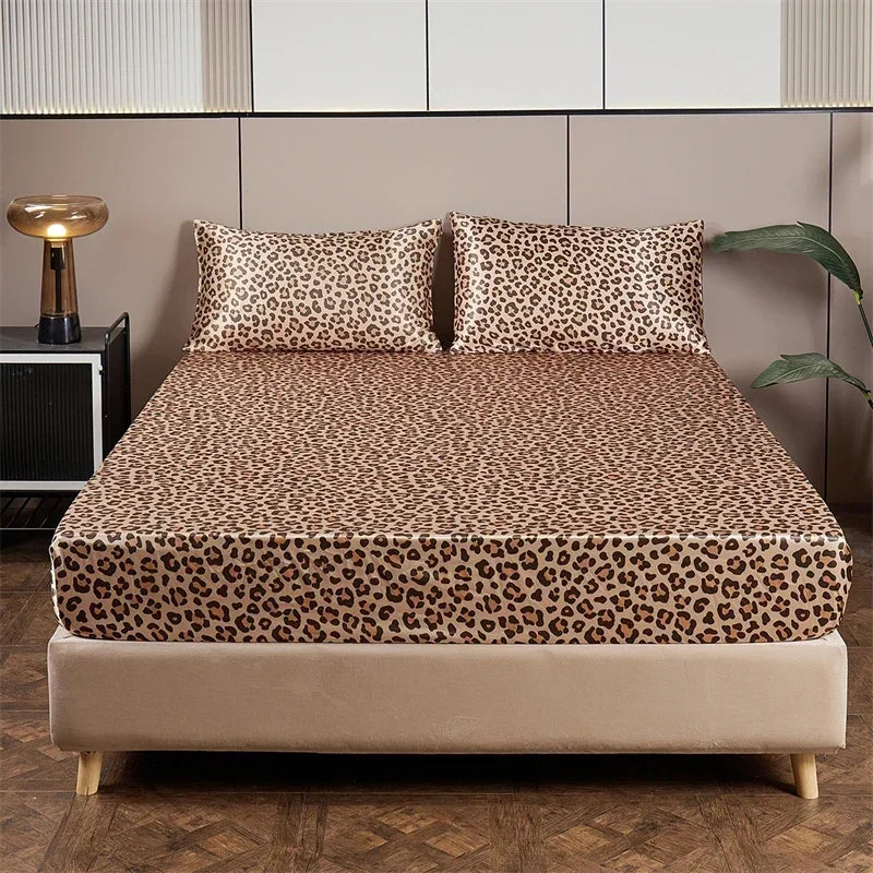 Luxury Satin Leopard Print Bed Sheet Set by Afralia™ - Queen/King Size