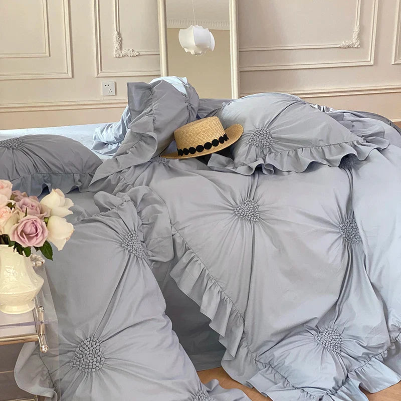 Afralia™ Korean Princess Style Pure Cotton Bedding Set with Ruffles and Heart Pleat