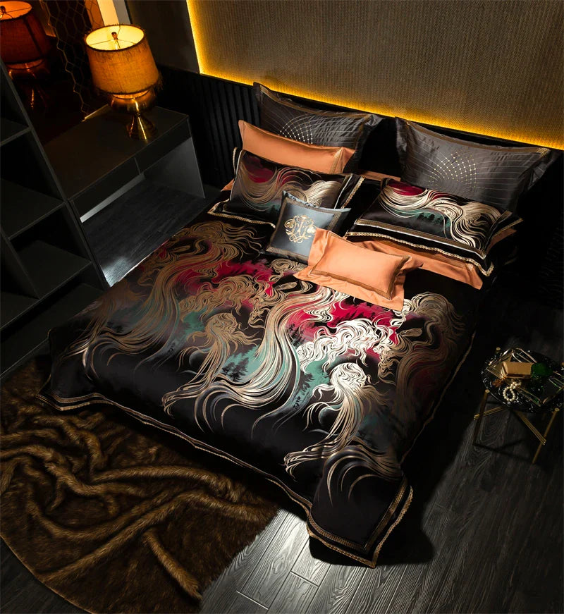 Afralia™ Embroidered Brocade Egyptian Cotton Duvet Cover Set, Black Gold
